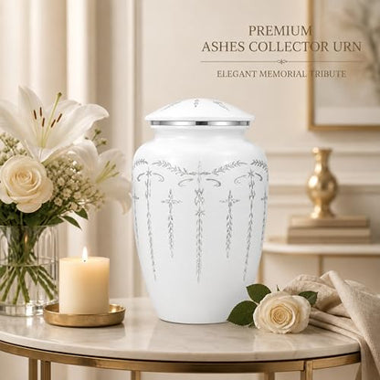 CLEENTABLE Cremation Urn for Human Ashes Adult, 200+ cu in, White Metal | Metal alloy, 11in H x 6.5in W, screw-top lid, 200+ cubic inches, handcrafted, women & men - color: White Silver, size: Classic Silver Vine - 6.5x11"