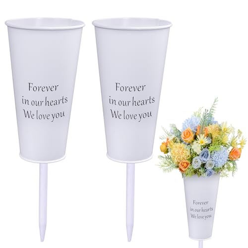 Metal Cemetery Vases, 2Pcs Grave Memorial Vases with Stakes Graveside Flower Holder for Grave Outdoor Lawn Yard Funeral Decorations (White) - color: White