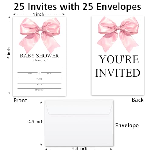 Pink Bow Baby Shower Invitations for Girls, Baby Announcement Invite Cards,25 Sets of Fill-in Baby Shower Invite with Envelopes, Gender Reveal Party Supplies -B02 - color: Pink Bow-01