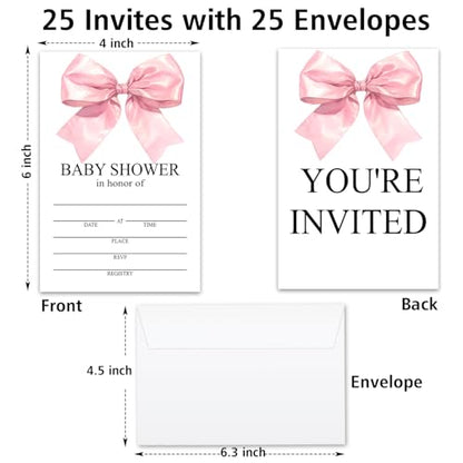 Pink Bow Baby Shower Invitations for Girls, Baby Announcement Invite Cards,25 Sets of Fill-in Baby Shower Invite with Envelopes, Gender Reveal Party Supplies -B02 - color: Pink Bow-01