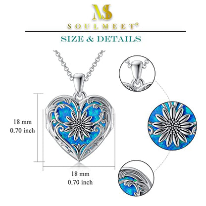 SOULMEET Personalized Silver Locket Necklace That Holds Pictures Photo Keep Someone Near to You, Memorial Custom Lockets Necklaces Letters Engraving for His Her - color: A6-Blue opal sunflower-Black, style: Locket Necklace Only