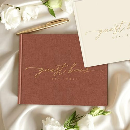 Est. 2026 Elegant Guest Book with 100 Blank Pages — Linen Gold-Foiled Guestbook to Sign for Special Events: Wedding, Baby Shower, Birthday Party — Hardcover Guest Book to Insert Photos & Polaroids - color: Terracotta, size: Est. 2026