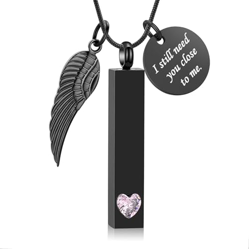 zeqingjw Cremation Jewelry for Ashes for Men Women with Angel Wing Charm Vertical Bar Urn Necklaces for Ashes Keepsake Loved Ones Memorial Vial Pendant - color: Z-Black P