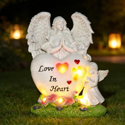 AVEKI Solar Angel Statue for Garden & Cemetery, Resin Angel Figurines with Solar Lanterns Outdoor Waterproof, Angel Sculptures Decor for Yard Lawn Patio Balcony Porch, Garden Gifts for Mom Women (A) - color: A