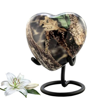 UrbanWoods Camouflage Heart Keepsake Urn for Ashes - Handcrafted Forest Memorial With Display Stand, Premium Case & Bag - Hunting Mini Urn