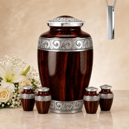 Set of 6 Wood-Grain Urn for Adult Human Ashes Adult Male & Female – Includes 1 Large Hand-Engraved Adult Urn, 4 Keepsake Urns with 1 Memorial Necklace - color: Wooden Grain - Strandard Set