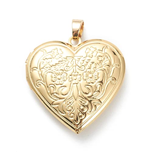 Beadthoven 10pcs Gold Plated Brass Heart Locket Pendants Engraved Floral Heart Photo Frame Charms Photo Holder Memory Locket Pendants for DIY Necklace Jewelry Making - color: Gold-Heart with Flowers