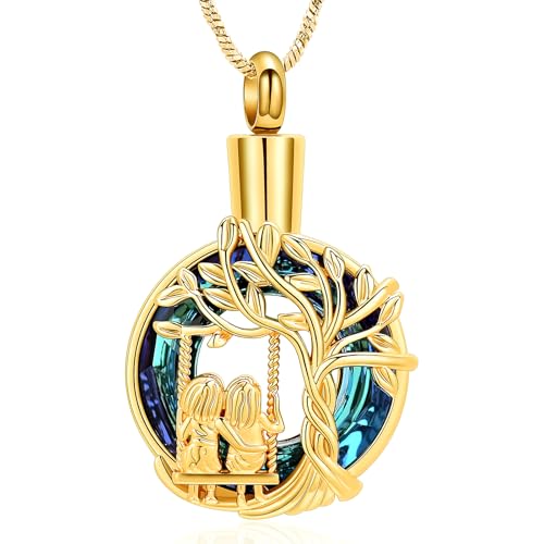 Yinplsmemory Cremation Jewelry Tree of Life Urn Necklace for Women Ashes Keepsake Jewelry for Sister for Ashes - color: Gold-blue