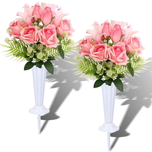 Artificial Cemetery Flowers with Vases Set of 2 Roses Lily Silks Bouquets Realistic Memorial Flowers for Outdoor Graveside Decoration Fade-Resistant & Weatherproof(Pink) - color: Pink