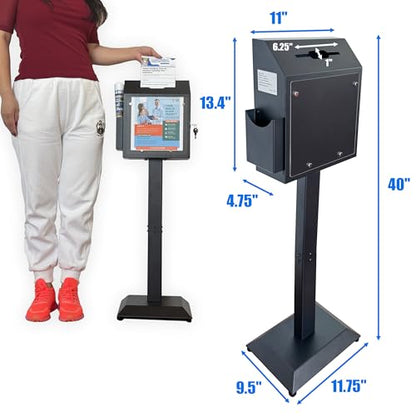 Floor Standing Metal Suggestion Box with Lock & Display Holder | Offering & Collection Box for Churches, Offices, Schools, Reception Areas, Donations, Ballots & Events - color: Matte Black