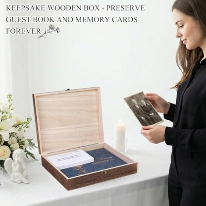 Funeral Guest Book Set with Wooden Keepsake Box, Memory Cards & Pens | Complete Memorial Table Set Includes guest book, keepsake box, 50 memory cards, card drop box, sign, instruction card & pens - style: Guest Box Kit