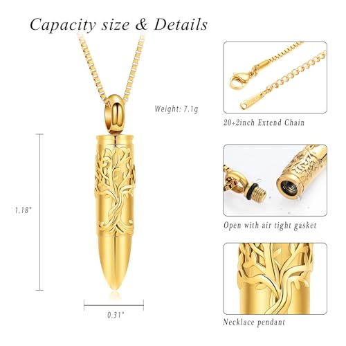 XSMZB Bullet Cremation Ashes Jewelry Tree of Life Keepsake Urn Necklace for Ashes Stainless Steel Memorial Pendant for Women Men - color: Gold