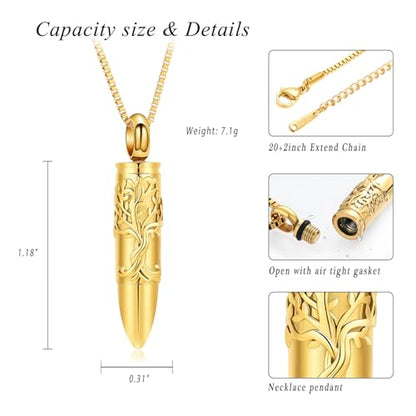 XSMZB Bullet Cremation Ashes Jewelry Tree of Life Keepsake Urn Necklace for Ashes Stainless Steel Memorial Pendant for Women Men - color: Gold