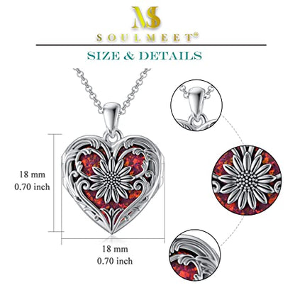 SOULMEET Personalized Silver Locket Necklace That Holds Pictures Photo Keep Someone Near to You, Memorial Custom Lockets Necklaces Letters Engraving for His Her - color: A8-Red opal sunflower-Black, style: Locket Necklace Only