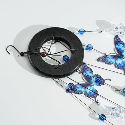 YU FENG Butterfly Memorial Wind Chime, Crystal Suncatcher Outdoor Decor | 27 Inch Metal Hanging Chime, Blue Butterfly Design, Sympathy Remembrance Gift, Garden Yard Patio Decoration - style: Blue Garden – Butterfly – 27 Inch