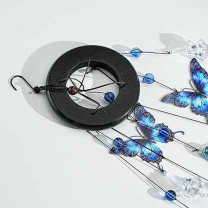 YU FENG Butterfly Memorial Wind Chime, Crystal Suncatcher Outdoor Decor | 27 Inch Metal Hanging Chime, Blue Butterfly Design, Sympathy Remembrance Gift, Garden Yard Patio Decoration - style: Blue Garden – Butterfly – 27 Inch