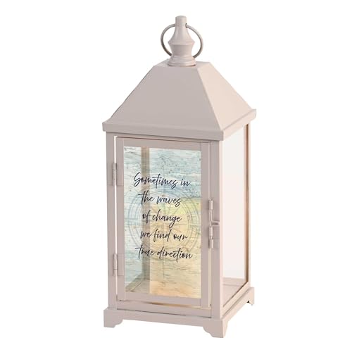Magnolia Garden 14 Inch White Metal Traditional Lantern – LED Candle Home Decor – “Sometimes in The Waves of Change We Find Our Time Direction - size: 5.25 x 5.25 x 14, style: Sometimes In The Waves