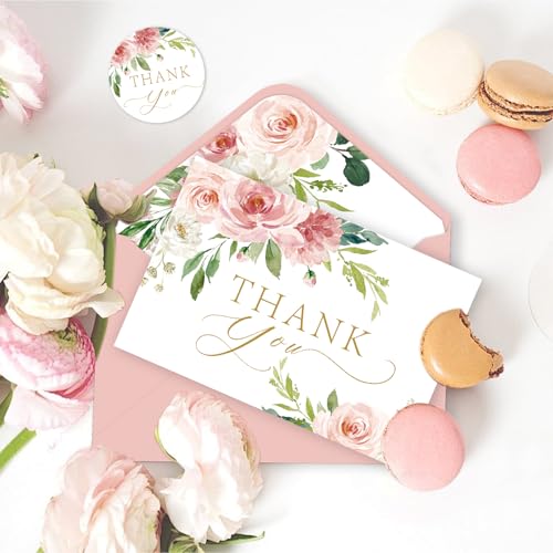 24 Pack Thank You Cards with Envelopes Pink and Stickers, Floral Thank You Cards for Graduation, Summer Wedding Bridal Appreciation Banquet, Baby Shower, Graduation Ceremony, Birthday Greeting Letter - style: 24pcs - Pink Flower