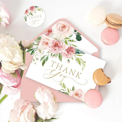 24 Pack Thank You Cards with Envelopes Pink and Stickers, Floral Thank You Cards for Graduation, Summer Wedding Bridal Appreciation Banquet, Baby Shower, Graduation Ceremony, Birthday Greeting Letter - style: 24pcs - Pink Flower
