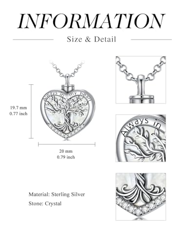 TOUPOP Tree of Life Urn Necklaces for Ashes 925 Sterling Silver Heart Cremation Jewelry Memorial Keepsake Jewelry with Funnel Filler for Women Men - color: A-Heart Tree of Life-Pearl Shell