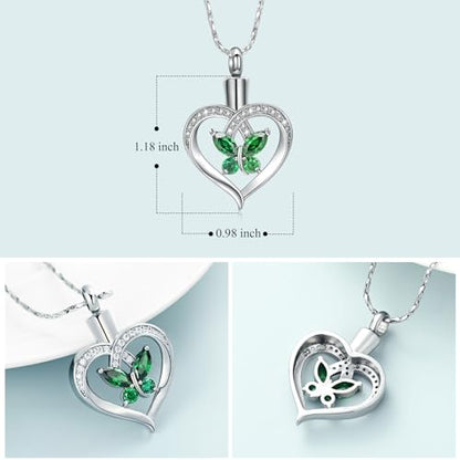 Imrsanl Butterfly Heart Pendant Cremation Urn Necklace for Women - color: Silver-Green