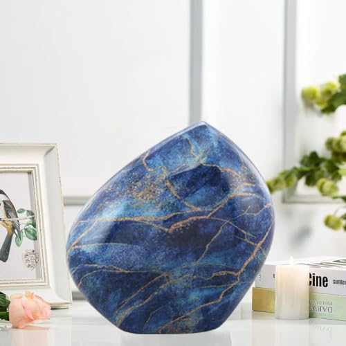 Metal Marble Finish Rock Urn - Handcrafted Solid Metal Mountain/Rock Cremation Urn - Large Unique Marble Metal Memorial Urn for Human Ashes Upto 310lbs with Velvet Bag (Majestic Blue)