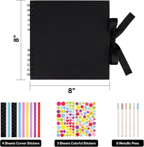 Mauproy 8 x 8 Inch Small Black Scrapbook Album, 40 Pages | Photo Album with Black Pages, Kraft Paper Hardcover Memory Book with DIY Accessories Kit for Birthday, Wedding, Travel - size: 8 x 8 Inches
