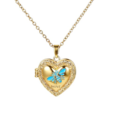 Vintage Gold Heart Locket Pendant Necklace - Engraved Bee Photo Locket Holds Pictures, Gold Plated Antique Memorial Locket Necklace Charms Carved Pattern Souvenir Memorial Clavicle Jewelry for Women - color: Blue bee