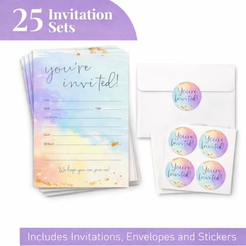 Paper 'n Such Blank Party Birthday Invitations With Envelopes For All Occasions, Set of 25 - Weddings, Bridal Showers, Engagement, Graduation, Fill In Colorful Watercolor Invites -Kids or Adults