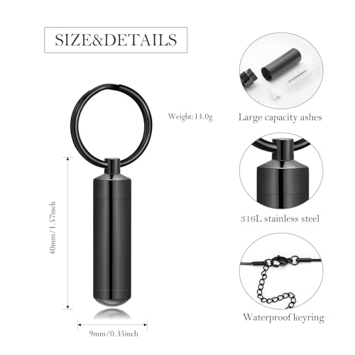 Cylinder Urn Necklace for Ashes with Glass Vials Cremation Jewelry Stainless Steel Ash Holder Keepsake Memorial Jewelry with Fill Tool - color: 2 Pcs Silver/Black Keychain