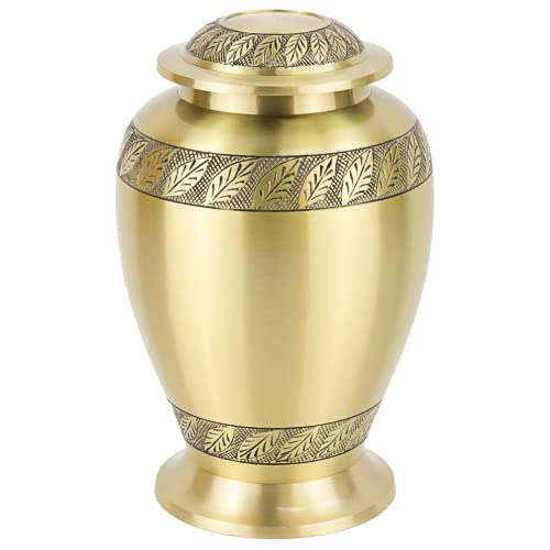 Golden Leaves Brass Cremation Urn for Ashes, Brass, Gold Urn, Adult Sized Cremation Urn, 10.25 Inches High - color: Golden Leaves