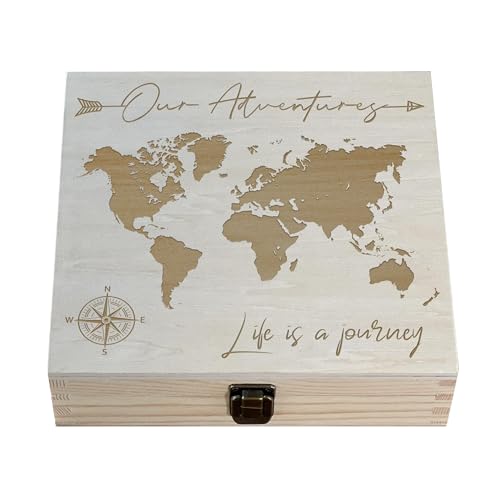 Our Adventures Box, 8.5 x 8 x 2.5 in, Wooden Keepsake Box, Memory Box, Gift Box, 5th, Unique Gift Ideas, Travel, Wooden (Natural Our Adventure Map) - color: Natural Our Adventure Map