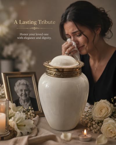 BOLD & DIVINE Pearl White Cremation Urn | Human Ashes Adult Memorial urn, Burial, Funeral Cremation Urns | 200 Cubic Inches (Large/Adult) with Velvet Bag