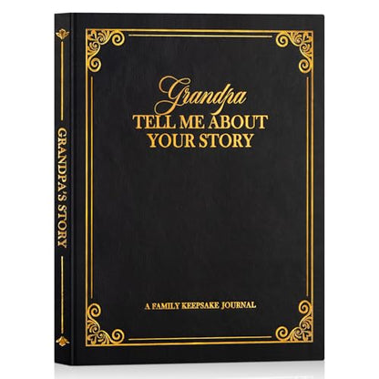 Lanpn Grandpa Life Story Book Journal with 270+ Prompts, Leather Hardcover Grandfather Guided Journal to Fill Out Memory Keepsake Book, Father's Day Birthday Christmas Gift for Grandpas, Black - color: Black