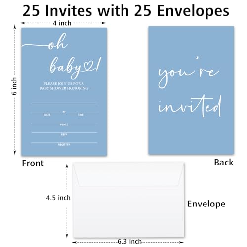 Oh Baby! Baby Shower Invitations for Boys, Blue Minimalism Invite Cards for Baby Announcement, 25 Set of Fill-in Invites with Envelopes, Gender Reveal Party Supplies -B15 - color: blue
