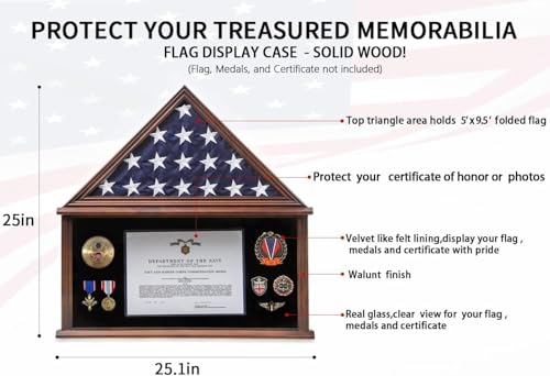 Burial Flag Display Case Wooden Walnut Finish for 5x9.5 Military Flag - size: Large-Walnut