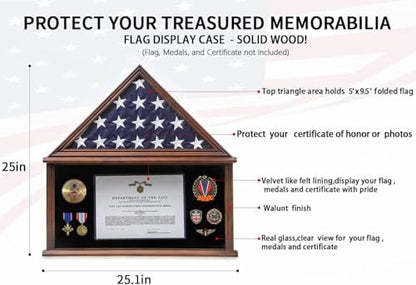 Burial Flag Display Case Wooden Walnut Finish for 5x9.5 Military Flag - size: Large-Walnut