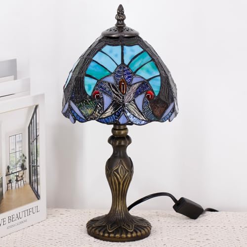 Small Tiffany Stained Glass Table Lamp,Green | Mini Desk Accent Light, Bedroom Bedside Reading, Antique Style Decor, 8X15 Inches - color: Green