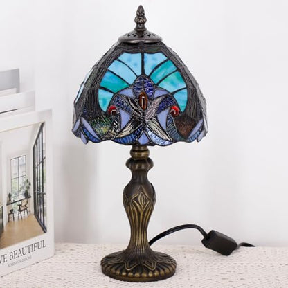 Small Tiffany Stained Glass Table Lamp,Green | Mini Desk Accent Light, Bedroom Bedside Reading, Antique Style Decor, 8X15 Inches - color: Green
