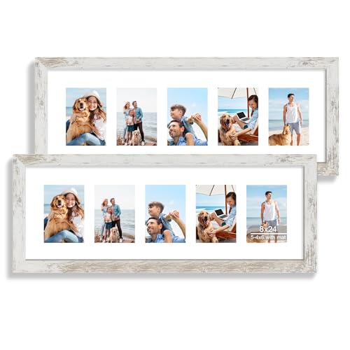 Hongkee 8x24 Picture Frame Set of 2, Collage Five 4x6 with Mat, Real Glass - color: Distressed White, size: 8x24 in matted to 5-4x6