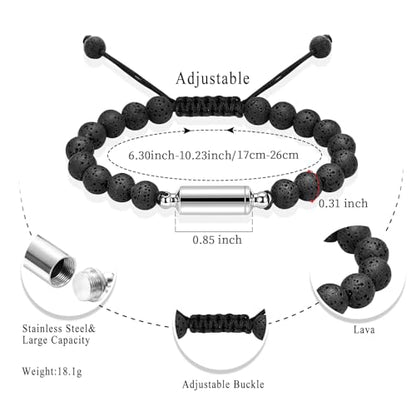 Oinsi Lava Rock Bracelet With Tube Memorial Urn Jewelry For Ashes Of Loved Ones Keepsake Cremation Bracelet Women Men Adjustable Length - color: Silver
