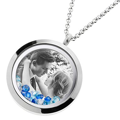 Laser Engraved Personalized Photo & Text Message Floating Locket Crystals Necklace Pendant Handmade Love Note Anniversary Wedding Birthday Gift - style: Blue - Photo Engraving