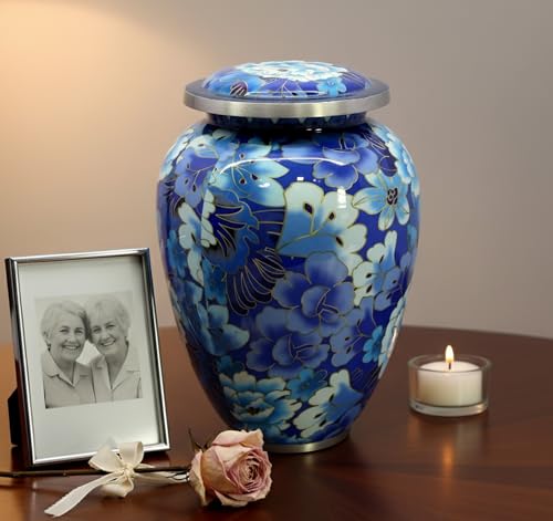 eSplanade Metal Cremation Urn Memorial Jar Pot Container | Full Size Urn for Funeral Ashes Burial | Flowers Printed Urn | Blue - 10" Inches
