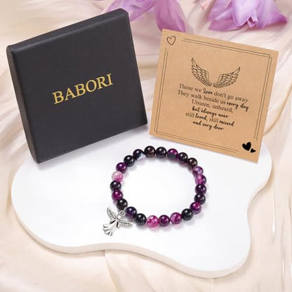 Sympathy Gifts for Loss of Loved one Memorial Healing Remembrance Condolence Grief Present for Women Pink Beads Bracelet With Angel Wings - style: Amethyst-Angel-Those we love don't go away