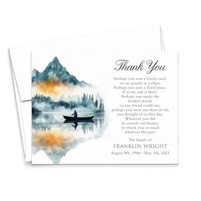 Modern Pink Paper Mountain Scene Thank You Notecard For Funeral, FLAT Sympathy Card With Lake, Bereavement Thank You Cards Fishing Theme, Celebration of LIfe, Your Choice of Quantity & Envelope Color - color: Mountains