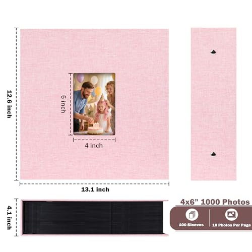 Ruibytree Extra Large Capacity Photo Album 4x6 Pictures 1000 Pockets, Pink | Linen Cover, Horizontal & Vertical 4x6 Photos, Removable Acid-Free Pages, Front Display Window, for Family, Wedding & Travel - color: Pink
