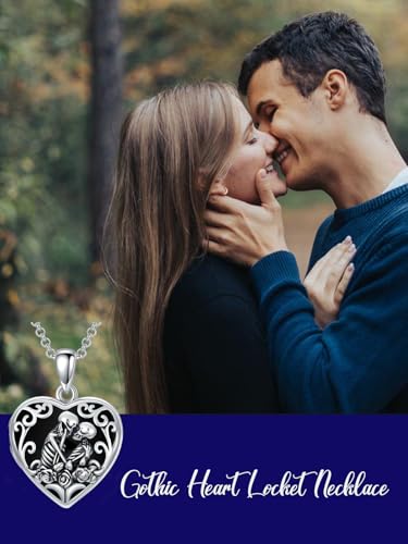 Personalized Heart Locket Necklace That Holds Pictures 925 Sterling Silver Custom Photo Lockets Necklaces Jewelry Gifts for Family Women Lover - color: Skull-Black onyx, style: Locket Only