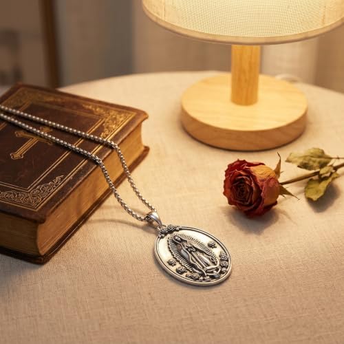 YAFEINI Virgen De Guadalupe Necklace 925 Sterling Silver Mother Mary Necklace Virgencita Jewelry Thanksgiving Day Gifts for Women - style: Silver Oxide