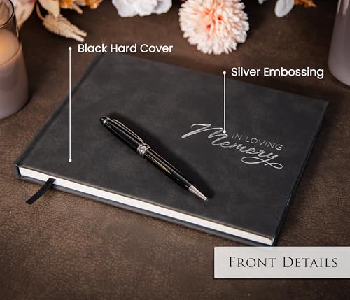 in Loving Memory Funeral Guestbook w/Pen & Box (Design 1) - 9.5 x 7 Black Hardcover with Sliver Embossing, 60 Lined Pages - Memorial Service & Celebration of Life Guest Book Keepsake - color: Design 1