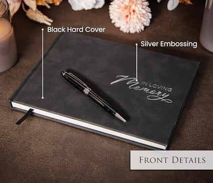 in Loving Memory Funeral Guestbook w/Pen & Box (Design 1) - 9.5 x 7 Black Hardcover with Sliver Embossing, 60 Lined Pages - Memorial Service & Celebration of Life Guest Book Keepsake - color: Design 1